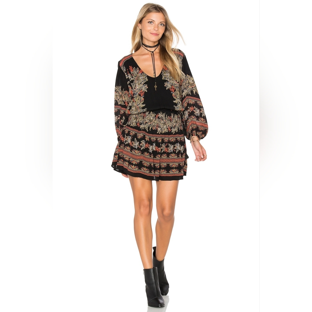 Free People Moonlight Drive Boho Festival Mini Dress in Black Floral Combo Sz S